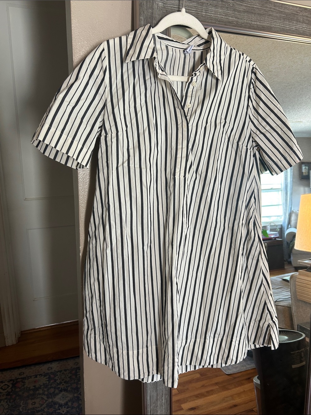 Old Navy Black and White Striped Mini Shirt Dress